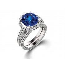 Delicate Micro Pave Halo Vivid Blue Sapphires & Brilliant-Cut Round Diamonds Designer Engagement Rings