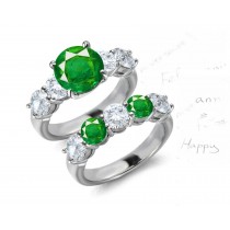 Beautiful Green Hue: Designer 5 Stone Shared Prong Set Emerald and Diamond Ring & Also 5 Stone Covering Matching Shield Fold Plate Cross Forming Band