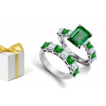 Gem of Spring: This Unseen ring features a Emerald Cut Emerald in Center & Princess Cut Diamond Ring & A Line Square Emerald & Diamond Anniversary Band