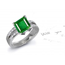 Graceful & Elegant Solitaire Princess Cut Emerald Gem & Diamond Chevron Ring