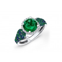 Made To Order Rings With French Pave Halo Brilliant Cut Round Diamonds & Emeralds