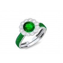 Center Round Cut Emerald With Diamond Flower Halo & Side Emeralds Designer Rings