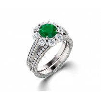 Delicate Micro Pave Halo Vivid Flower Bloom Green Emerald & Diamond Engagement Rings