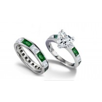 Heart Diamond & Baguette Diamond & Emerald Engagement Ring & Matching Platinum Wedding Band