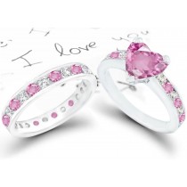 Heart Pink Sapphire & Diamond Engagement Ring & Wedding Ring