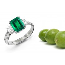Diamond Hoop Rings: Center Emerald Cut Emerald & Brilliant Round Diamond Emerald Three Half Hoop Stone Ring