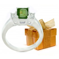 Emerald-Cut Green Sapphire Three Stone Engagement Ring with Emerald-Cut Diamonds in 14k White Gold