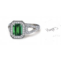 Ancient Bright Green Emerald Cut Emerald & Diamond Halo & Chevron Shape Gold Ring