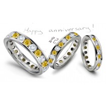 Channel Set Round Diamonds & Yellow Sapphire Eternity Band in Platinum & 14k Gold