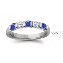 Round Blue Sapphire and Diamond 5-Stone Band Ring in 18k White Gold