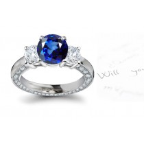 Human Creations: Very Popular 3 Stone Rich Color Sapphire & Round Diamond Filled Ring in 14k Sunshine Gold & Platinum