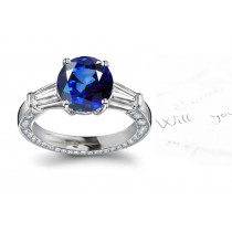 A Great Favorite: 3 Stone Fine Blue Sapphire & Baguette White Diamond Gold Ring in 14k Pure White Russian Platinum Silver