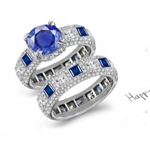 For The Adornment of Rings: Handsome Ornamental French Pave' Fine Blue Sapphires & Diamonds Ring in 14k White Gold