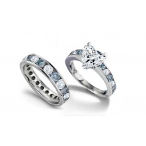 White & Blue Diamond Wedding Eternity Band & Matching Engagement Ring with Heart Diamond atop Blue Diamond Band
