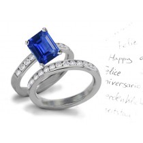 Soaring Heavenly Visions: Large Emerald Cut Fine Blue Sapphire Birthstone Diamond Wedding & Engagement Ring