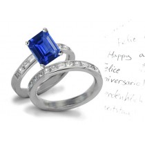 Foundation Stones Version: Real Octagonal Rare Fine Blue Sapphire & 2 Side Stone Square Cut Diamond Engagement Ring