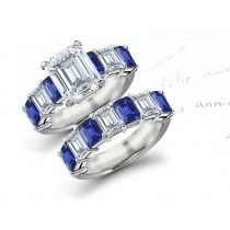 Birth-stone for September: 7 Stone Emerald Cut Diamonds & Sapphire Ring & 7 Stone Side Stone Embracing Wedding Band