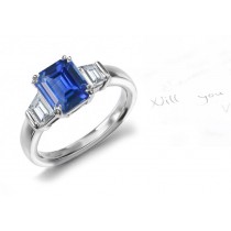 Power of Gemstones: Top 3 Stone Intense Emerald Cut Clear Sapphire & Shield Cut Classical Diamonds Fashion Gold Ring
