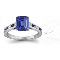 Delightful Joy Pure: Large Top Stone Platinum & Emerald Cut Sapphire & Side Stones Baguette Diamonds Wedding Ring Size 6