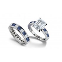 "Visions" - New Mission: Top Emerald Cut Diamond head atop Princess Cut Diamonds Sapphires Ring & Mystic Wedding Band