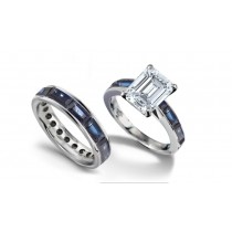 Radiance of Stars: Signature Emerald Cut Diamond atop Baguette Cut Fine Blue Sapphire Ring & Sapphire Wedding Band