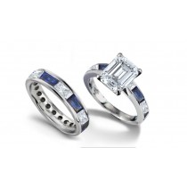 Radiance of Blue-Sky: View This Emerald Cut Diamond atop Baguette Cut Diamonds & Sapphire Ring & Wedding Band
