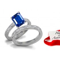 Symbol of Sincerity: Popular Emerald Cut Fine Blue Sapphire & Baguette Diamond Birth-stone Ring & Diamond Band in Gold