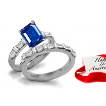 Symbol of Constancy: Celestial Emerald Cut Fine Blue Sapphire & Baguette Diamond Ring & Matching Platinum Band