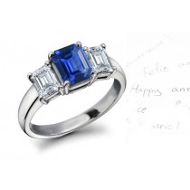 The Jacinth Sapphire: Simple & Classic 3 Stone Emerald Cut Fine Blue Sapphire & 2 Side Stone Emerald Cut Diamond Ring