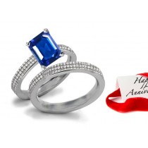 Typifies Calm & Affection: Emerald Cut Fine Blue Sapphire & Round Diamonds Ring & Matching Anniversary Band