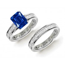 Real Visionary Experience: Baguette Diamond & Emerald Cut Fine Blue Sapphire Plate Ring & Anniversary Diamond Gold Band