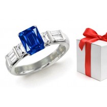 Gem of a Fine, Deep Color: Baguette Diamond & Emerald Cut Fine Blue Sapphire Romance Band in Platinum Size 3 to 8