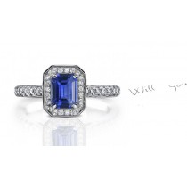 Special Curative Virtues: Art Deco French Design Style Fine Emerald Cut Sapphire in Emerald Cut Metal Frame & Diamond