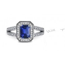 French Inspired: French Art Deco Emerald Cut Sapphire Diamond Halo Ring With Split Shank Diamond Ring Shoulder