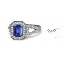 Oriental Sapphires: Emerald Cut Fine Blue Sapphire with Diamond Halo Ring With Split Shank Diamond Sides Perfect in Formr