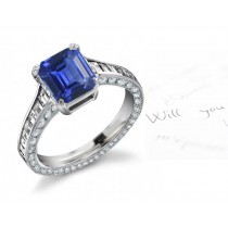 Rich Gifts Offered: Edwardian Style Emerald Cut Fine Blue Sapphire & Baguette Diamond Anniversary Betrothal Ring