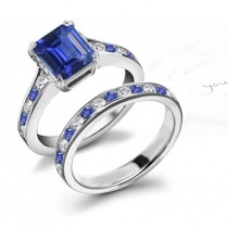 The Perfect Looks: The Emerald Cut Fine Blue Sapphire & Brilliant Cut Round Sapphire & Diamond Original Ring & Wedding Band