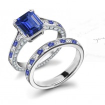 Absolutely Gorgeous: Emerald Cut Fine Blue Sapphire & Brilliant Round Fine Deep Blue Sapphire & Diamond Ring & Band NEW!!!