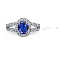 French Pave' Classics: Art Deco Oval Sapphire Diamond Halo Ring Split Shank Ring