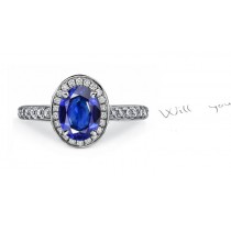 Clear Coastal Blue: French Art Oval Sapphire Diamond Halo Ring with with Diamond Shoulders