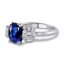 Classical Beauty: 3 Stone Oval Would be Now Large Fine Blue Sapphire Side Stone Round Diamond Ring 1 to 5 cts tw