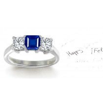 Great Variety of Color Polished 3 Stone Fine Deep Blue Sapphire Princess Cut Diamond Gold Ring