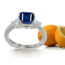 Attractive & Divine: One Top 3 Stone Square Sapphire Guarded By 2 Trillion Cut Diamond Ring