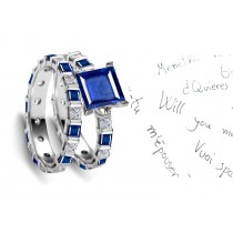 Symbolic References to 3: Square Sapphire & Princess Cut Diamond Ring & Wedding Band