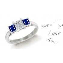 Composition Featuring: 3 Stone Style Princess Diamond & Square Fine Blue Sapphire Ring