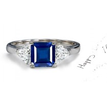 Holy Trinity: Great Quality 3 Stone Heart Diamond & Princess Cut Sapphire Ring in 14k Gold