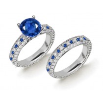Explore & Discover: This French Pave' Creative Expression Rare Deep Blue Round Diamond & Sapphire Ring in 14k White Gold