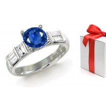 Artistic Forms & Styles: Bar Set Blue 2.3 Sapphire & Emerald-Cut Diamond Ring Set in 14k White Gold & Platinum Size 4,6,7,8,9