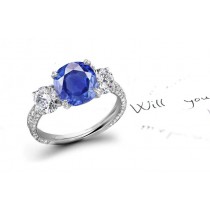 Exudes Exquisite Grace: 3 Stone 2.37ct Sapphire Gemstone Diamond Micropave French Ring in Polished Sculpted Platinum