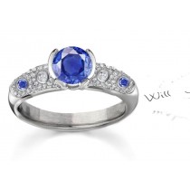 Geometric & Precision Set: Classic French Pave' Fine Blue Sapphire Ring With Diamonds in 14k White Gold & Platinum